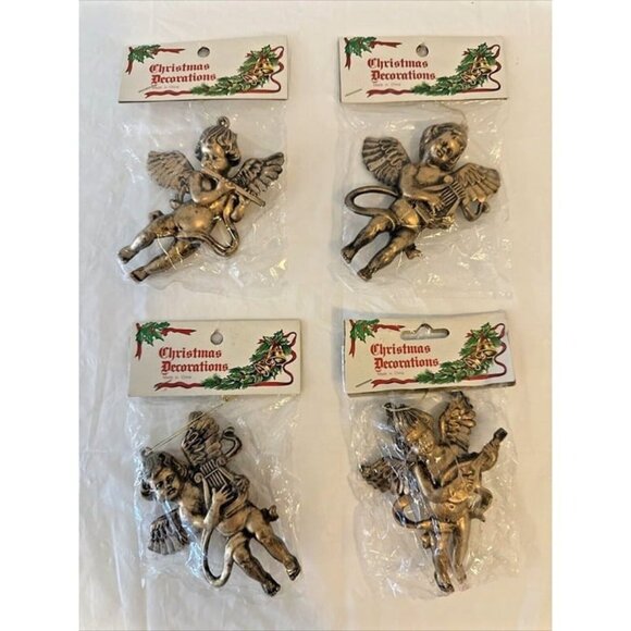 4 Vintage Christmas Ornaments Gold Cherubs Angels 4” Playing Musical Instruments - Picture 1 of 6